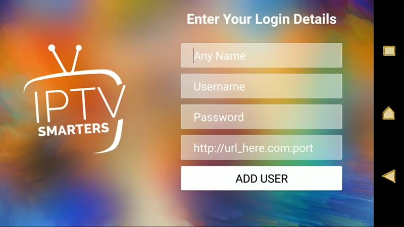 IPTV Smarters login screen showing name username password and server URL fields